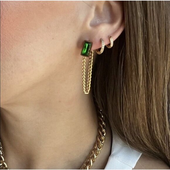 Gold Plated Tassel Emerald Green Earrings Stainless Steel Chain womens jewelry - Picture 2 of 11